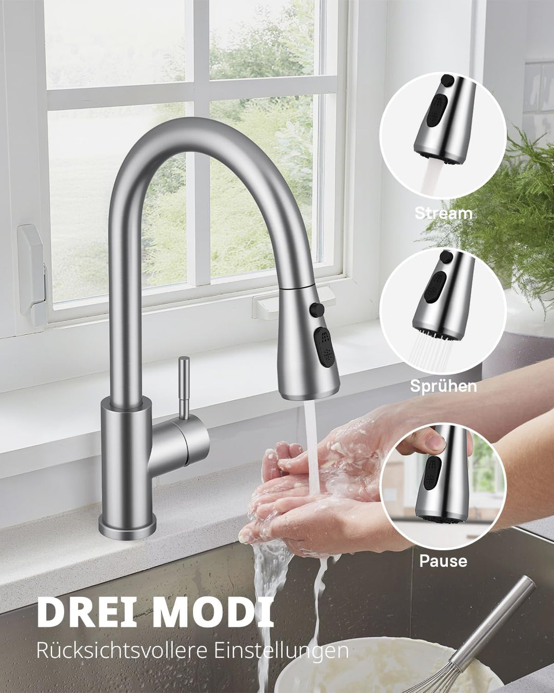 Küchenarmatur, Ausziehbarer Wasserhahn mit Edelstahl-Sprühbrause und 3 Sprühfunktionen, 360° schwenk