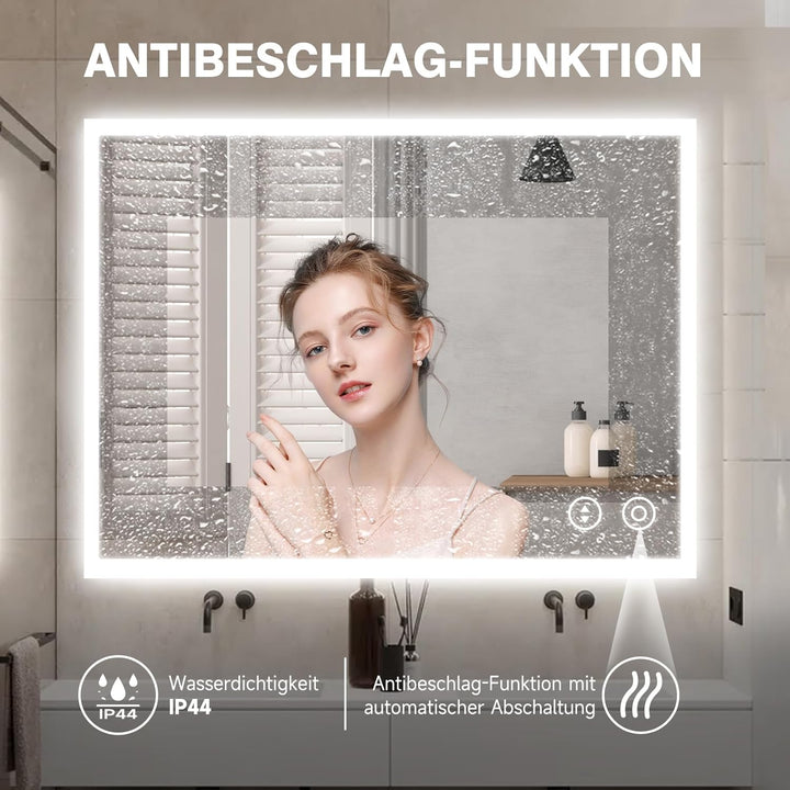 YOLEO Badspiegel mit Beleuchtung 80x60cm, Wandspiegel mit Steckdose, Badezimmerspiegel LED mit Touch