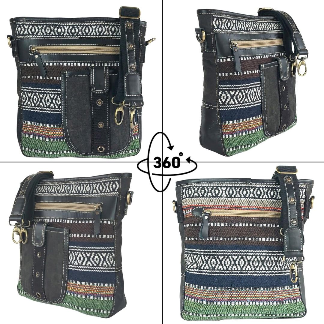 Sunsa Damen Umhängetasche. Crossbody Bag mit Streifen Design. Schultertasche aus Baumwolle & Leder.