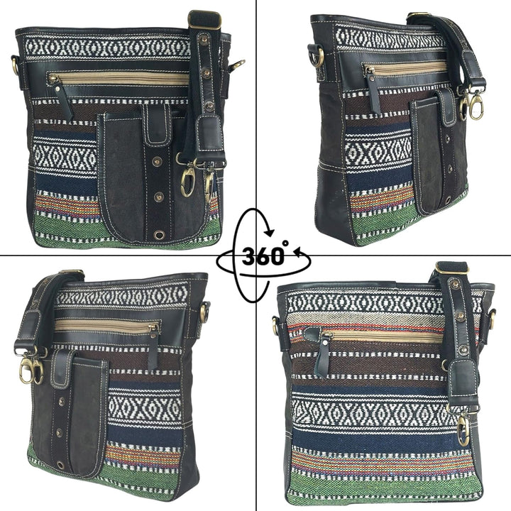 Sunsa Damen Umhängetasche. Crossbody Bag mit Streifen Design. Schultertasche aus Baumwolle & Leder.