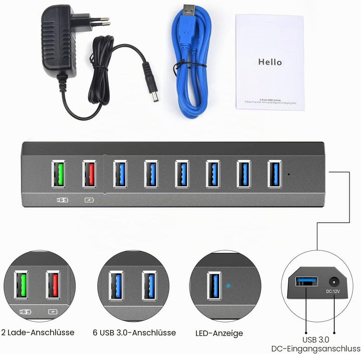 8 Ports Vansuny USB Hub Aktiv 3.0 Mit Netzteil, 6 USB 3.0 Ports FüR Die DatenüBertragung Ultraschnel