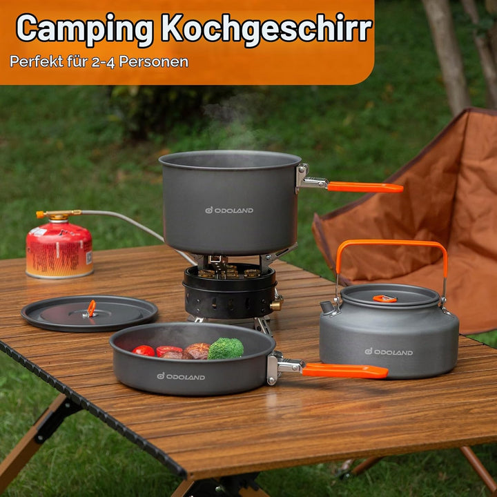 Odoland Camping Geschirr Set Outdoor Kochset mit Camping Topf, Teekessel und Bratpfanne, Kochgeschir