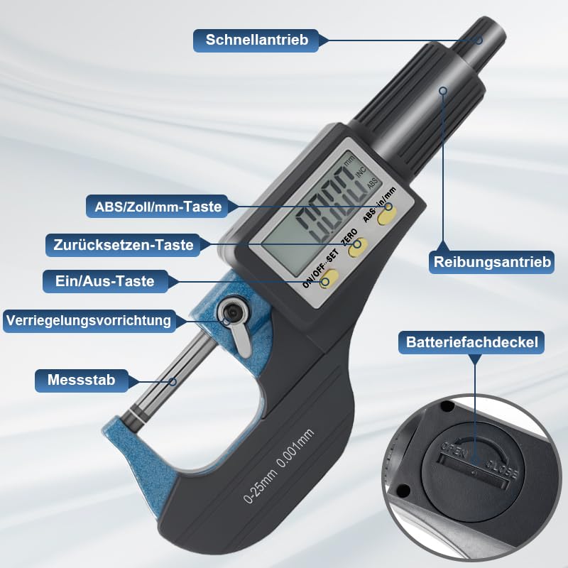 Beslands Mikrometer Digital Bügelmessschraube 0-25mm/ 0.001mm Hohe Präzision Elektronische Digitale