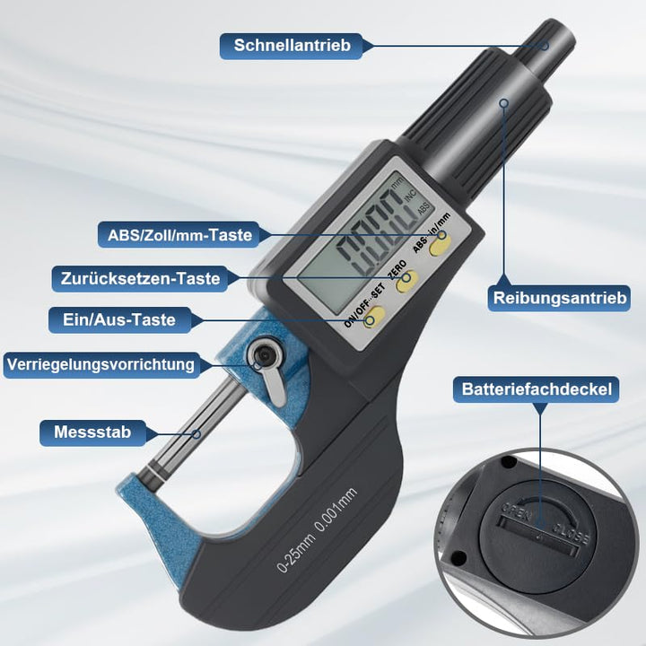 Beslands Mikrometer Digital Bügelmessschraube 0-25mm/ 0.001mm Hohe Präzision Elektronische Digitale
