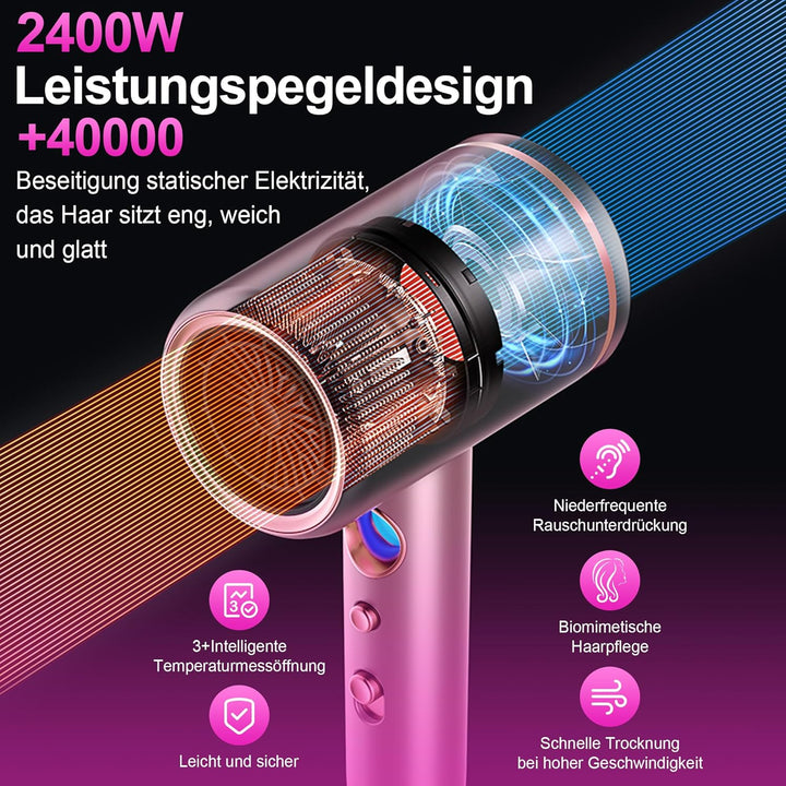 Föhn,Fön,Haartrockner Profi Ionen mit AC Motor 2400W Reisefön Diffusor|Haarfön 4-in-1|Heiss-/Kalttas