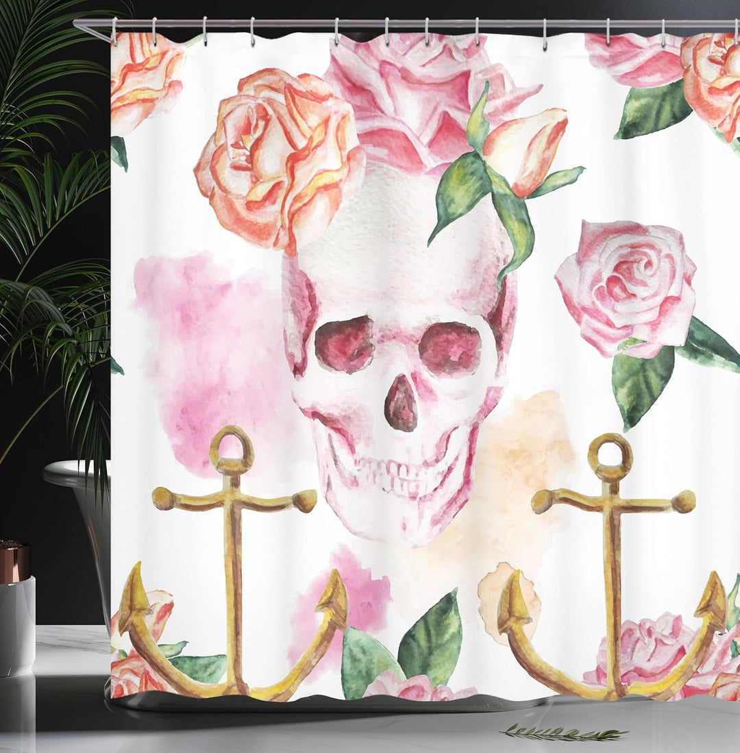 ABAKUHAUS Schädel Duschvorhang, Anchor Rosen Pfingstrose Kunst, Stoffliches Gewebe Badezimmerdekorat