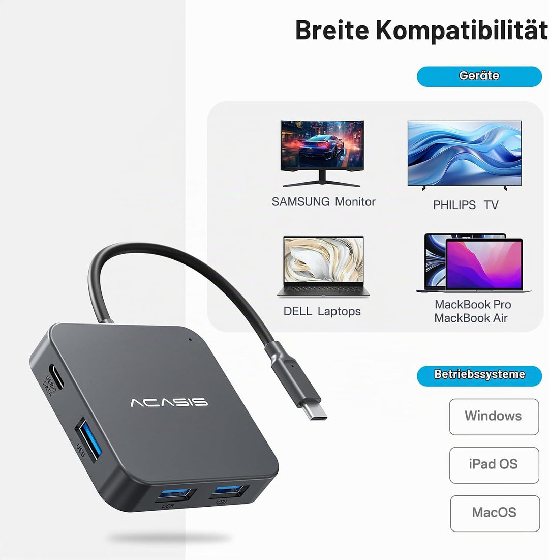 USB C Hub 10Gbps, Multiport-Adapter mit 4K60 HDMI, 100 W Leistungsabgabe, 3 USB A 3.1, Datenanschlus