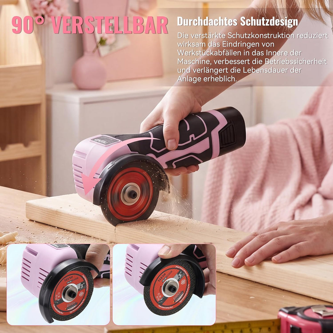 TEENO Mini Winkelschleifer Rosa 76 mm, Akku Winkelschleifer Kabellos 19.500 U/min mit 2 Akkus 2000 m