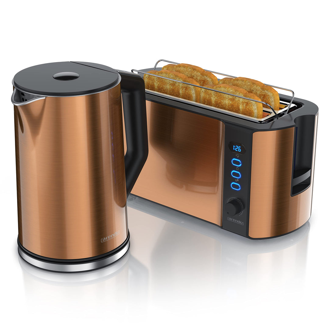 Arendo - Wasserkocher mit Toaster SET Edelstahl Kupfer, Wasserkocher 1,5L 40° 100°C Warmhaltefunktio