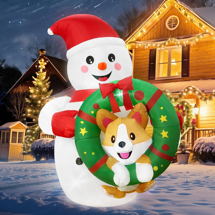 1.8 M Aufblasbare Weihnachtsdeko Aussen, Lustiger Schneemann Aufblasbar mit Corgi im Kranz, Outdoor