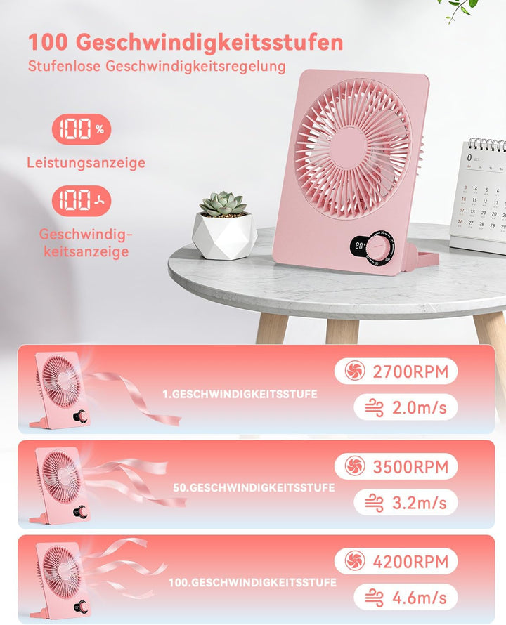 Klein Tischventilator,Leise Ventilator Akku 4000mAh 100 Geschwindigkeiten 180°Einstellbar Tragbarer