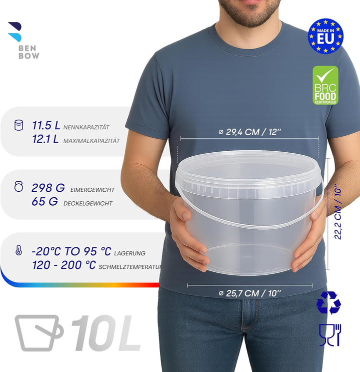 BenBow Eimer mit Deckel 10l transparent 20x 10 Liter - lebensmittelecht, stabil, luftdicht - Aufbewa