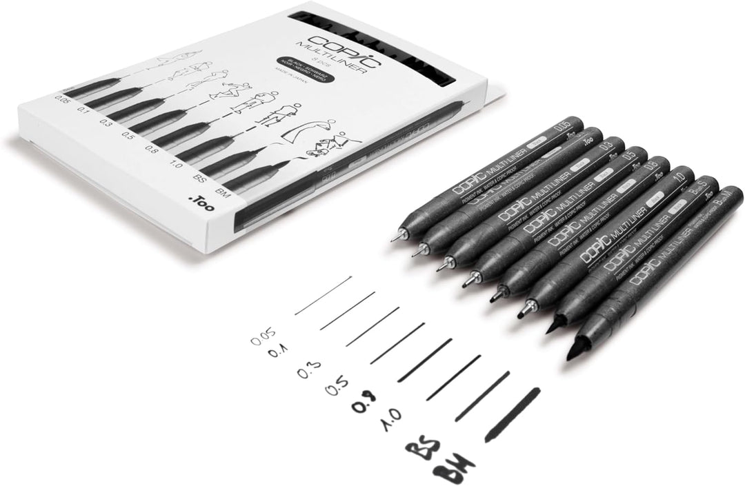 Copic Multiliner Set schwarz, 8 Stifte in 8 verschiedenen Strichstärken mit wasserfester Pigmenttint
