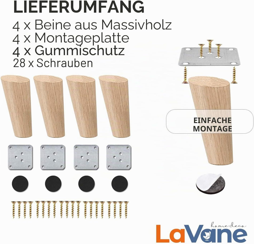 8cm Holz Tischbeine, La Vane 4 Stück Massivholz Schräg Konisch Ersatz Möbelfüsse Möbelbeine mit Mont