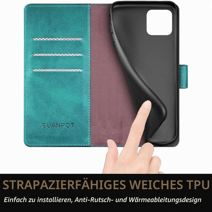 SUANPOT [RFID Schutz für iPhone 14 6.1" Hülle PU Leder Handyhülle Lederhülle Klapphülle Kartenfach F