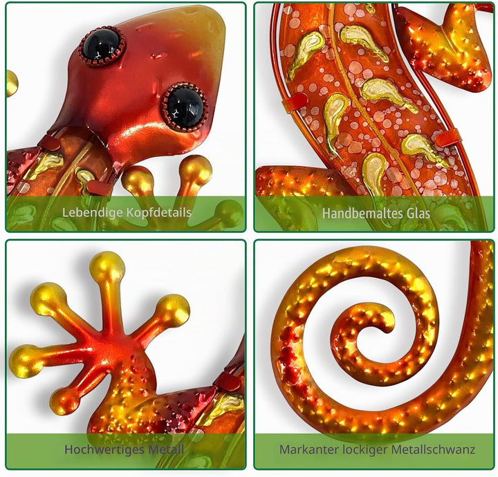 HONGLAND Metall-Gecko-Wandkunst, 38,1 cm, Eidechse, Outdoor-Dekoration, hängende Glas-Skulptur, 2 St