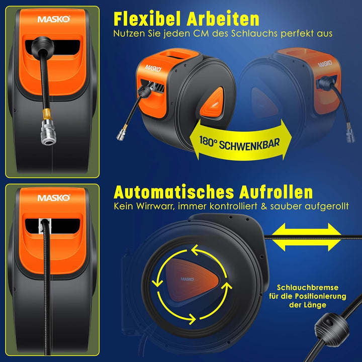 MASKO® Automatik Druckluftschlauch Aufroller 30m – Schlauchtrommel mit 1/4" Anschluss, Schlauchaufro