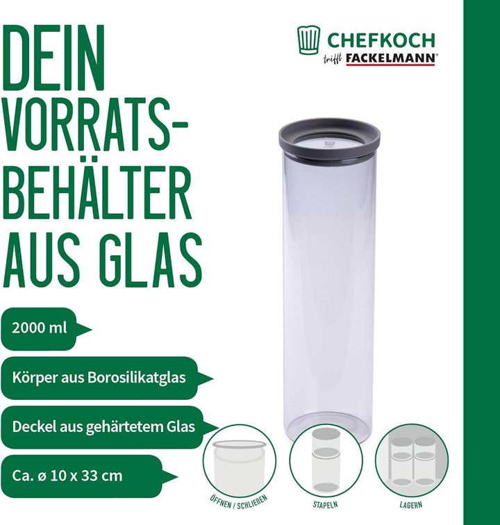 FACKELMANN Chefkoch trifft Vorratsbehälter mit Glasdeckel – 2 L, Borosilikatglas, luftdicht & stapel