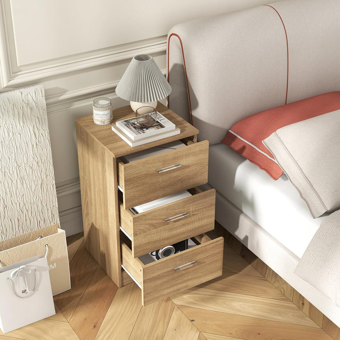 KOMFOTTEU Nachttisch Holz, Nachtschrank mit 3 Schubladen, Nachtkonsole 38 x 35 x 66 cm, Beistelltisc