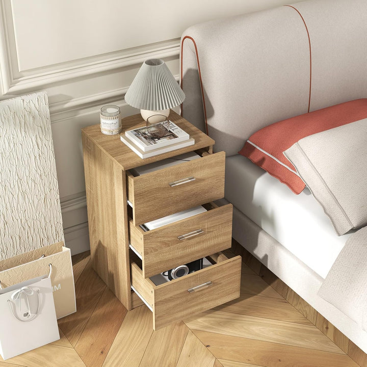 KOMFOTTEU Nachttisch Holz, Nachtschrank mit 3 Schubladen, Nachtkonsole 38 x 35 x 66 cm, Beistelltisc