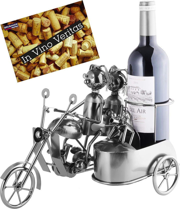 Brubaker Weinflaschenhalter Motorrad Paar mit Beiwagen und Hund - Metall Skulptur mit