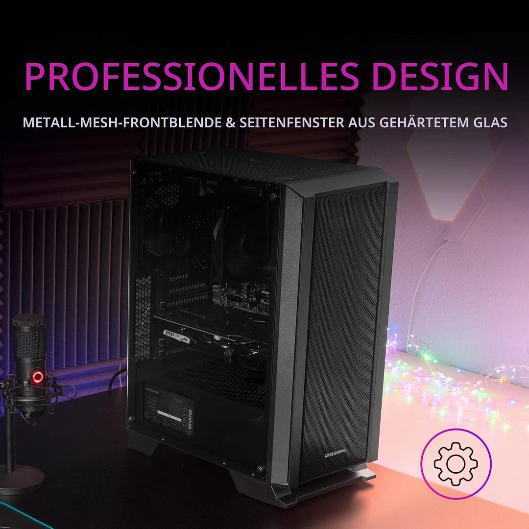 Mars Gaming MC-Master, ATX PC Gehäuse, Metall-Mesh Frontplatte, Gehärtetes Glas, 4 Ultraleise 120mm