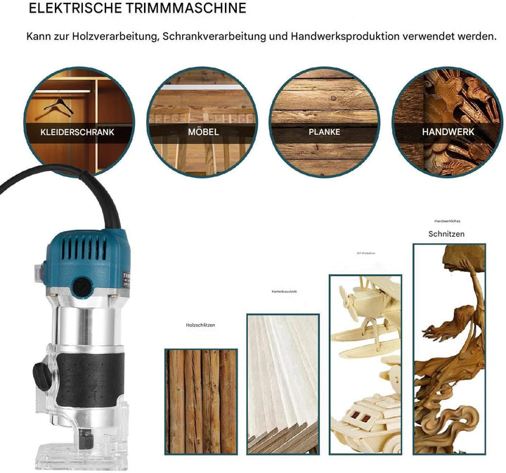 Einhandfräse, Holzschneidemaschine, Holzfräse Oberfräse 800W 40000 U/min, 6 Geschwindigkeiten, 6,35m