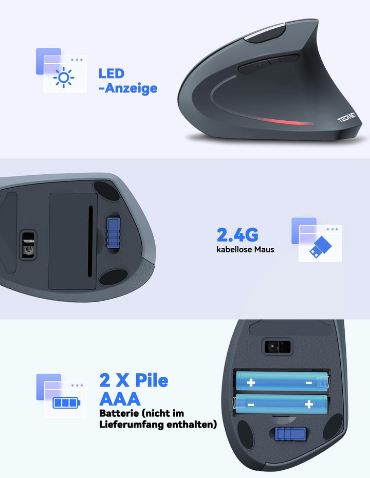 TECKNET Wireless Vertikale Ergonomische Maus, 4800 DPI 5 Tasten Kabellose Optische Maus, 2.4G USB Ve