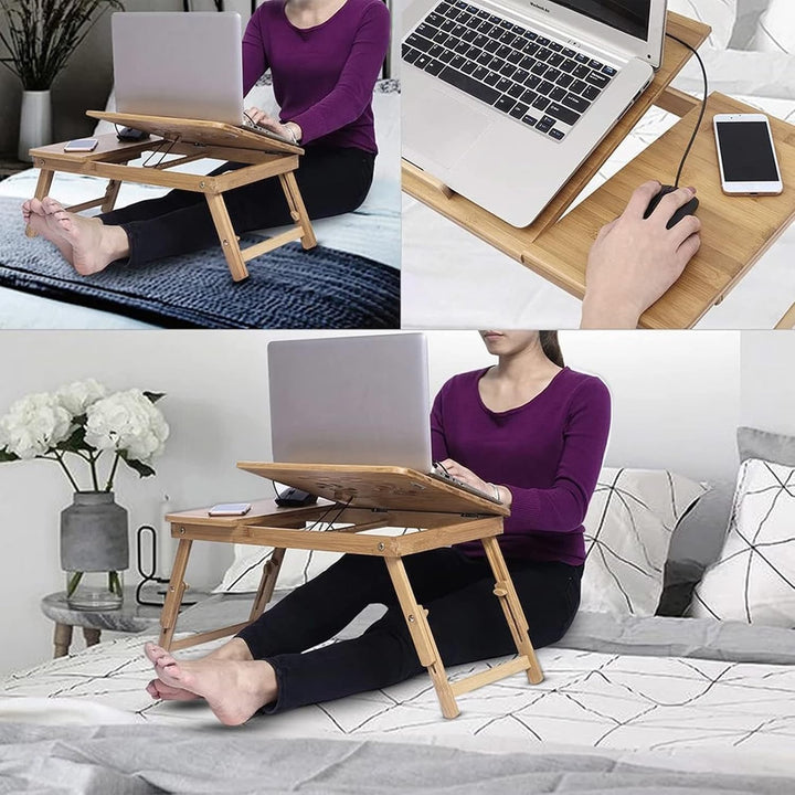 betttisch 50x30cm Laptop Tisch Bambus Notebooktisch Betttisch mit Lüftungslöchern mit Schublade Knie