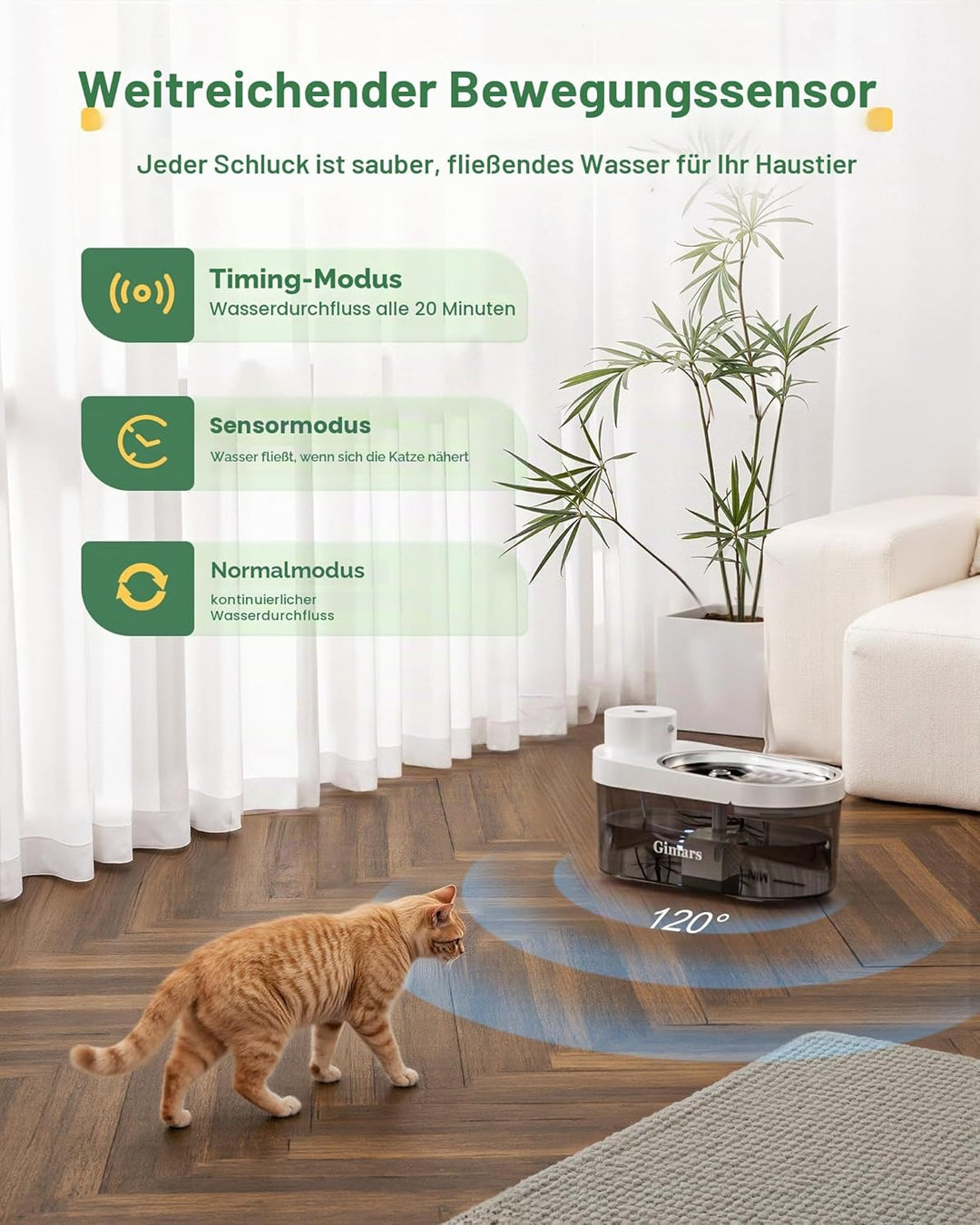 Gimars 4L UltraLeiser BPA-frei Katzenbrunnen Kabellos mit Bewegungsmelder, 5000mAh Akku, Trinkbrunne