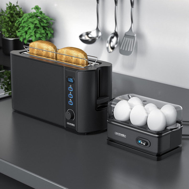 Arendo - SET Toaster FRUKOST mit Eierkocher SIXCOOK Edelstahl Schwarz, Toaster 2 Scheiben, LED-Displ