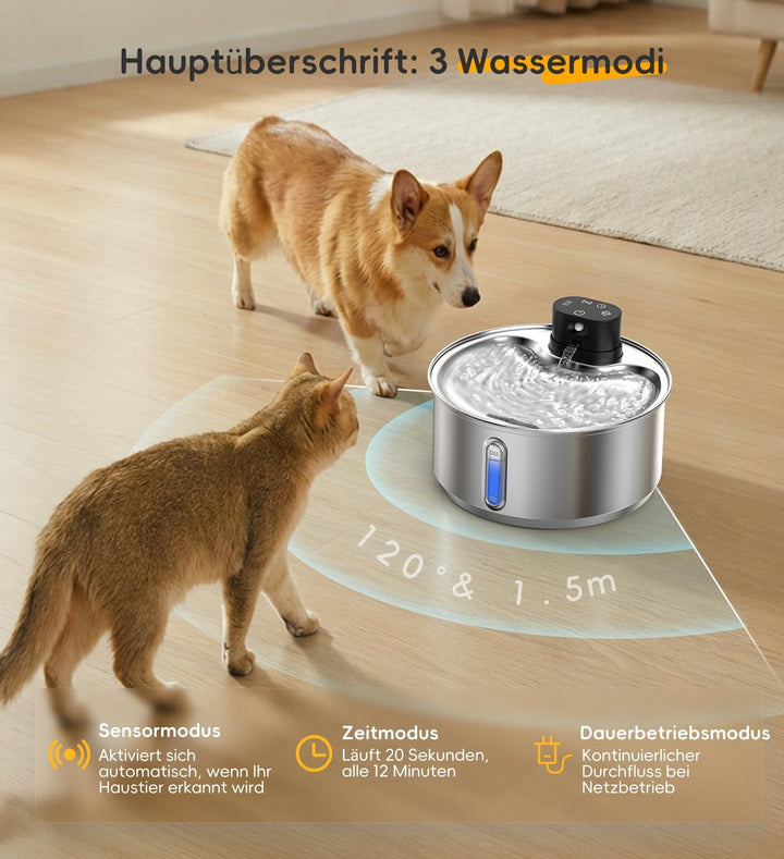 Katzenbrunnen Edelstahl, 5,5 L Trinkbrunnen für Katzen Kabellos, 5000mAh Akku Hunde mit bewegungsmel