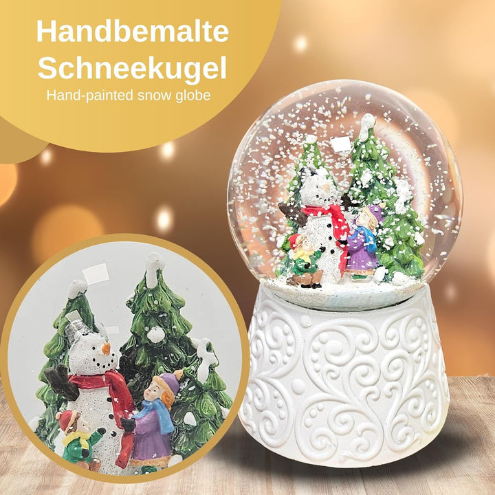 Schneekugel Weihnachten Spieluhr | Kinder Bauen Schneemann | Ornament Sockel weiss | Höhe 140mm Brei