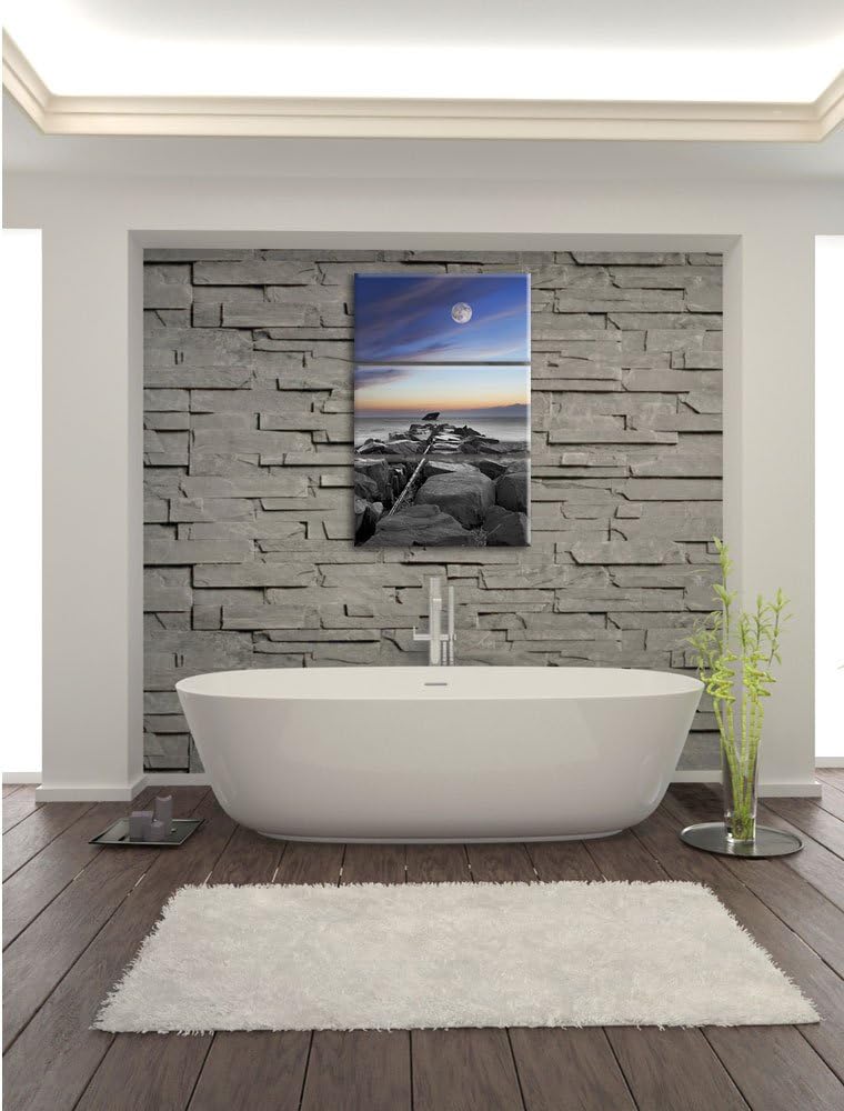 Pixxprint Steinmauer am Meer bei schönem Abendhimmel 3-Teiler Leinwandbild 120x80 Bild auf Leinwand