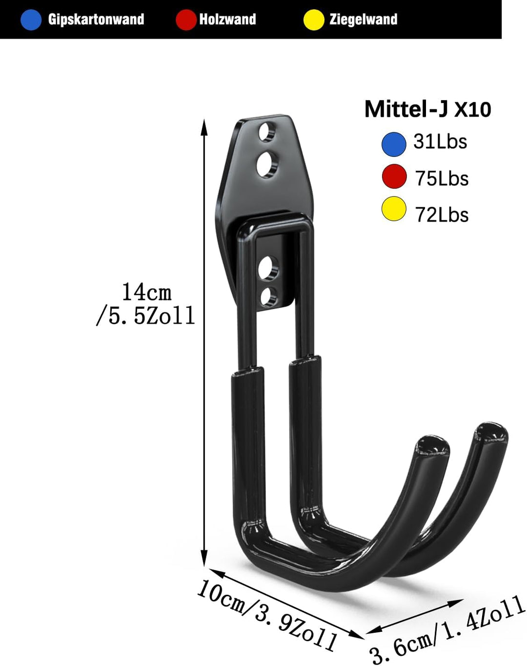 3-H Wandhaken Garage, Doppelhaken, Gerätehaken 10 Stück, Wandhaken Schwerlast für Leiter, Werkzeuge,