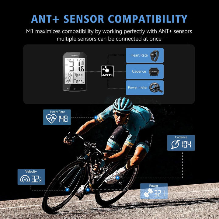 CYCPLUS GPS Fahrradcomputer und Halterung, wasserdichte Fahrradtacho und Kilometerzähler, ANT+ Draht