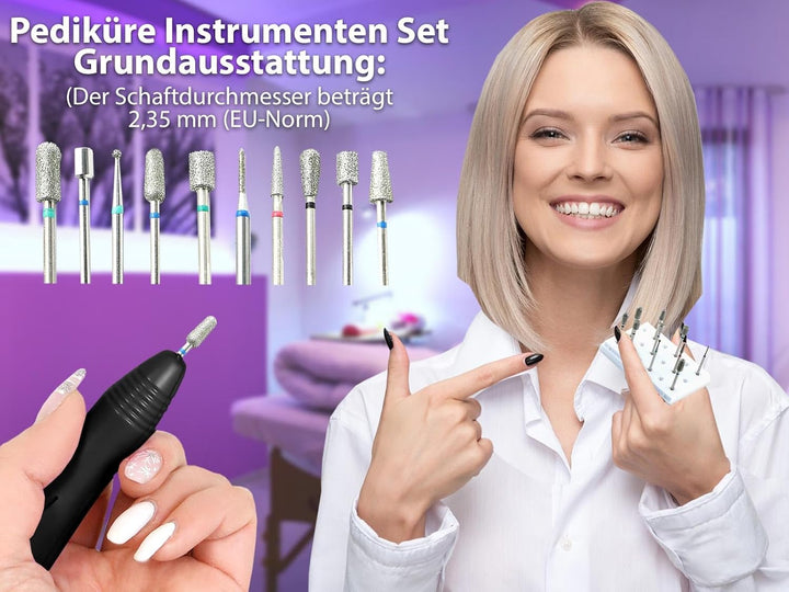 Elektrische Nagelfeile mit 10 Profi Aufsätzen Fusspflegegerät Fräser Nagelfräser Maniküre und Pedikü