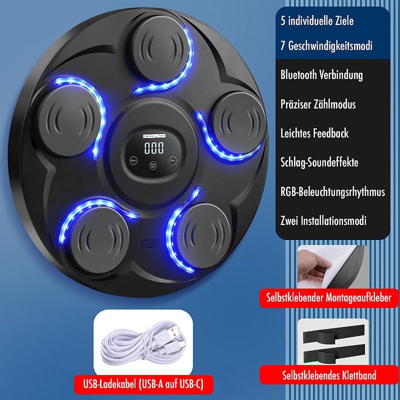 PEARL Sports Boxmaschine Erwachsene: Musik-Boxmaschine, 7 Schlagtakte, Zählmodus, LEDs, Display, BT,