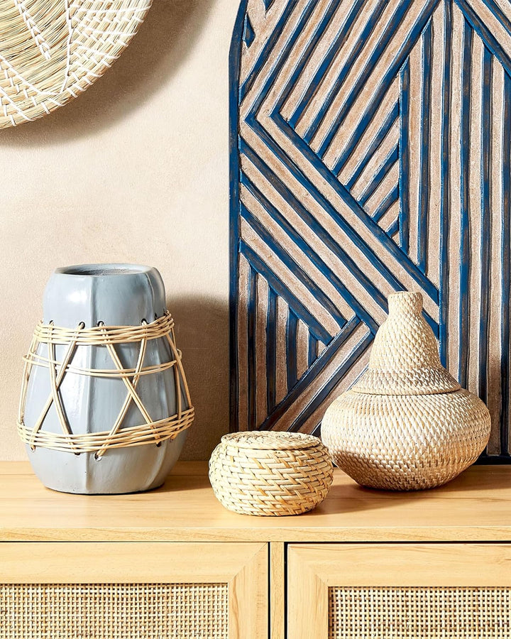 Rattankorb bemalt, mit Deckel und Griff 25 cm Aufbewahrung natur Bila