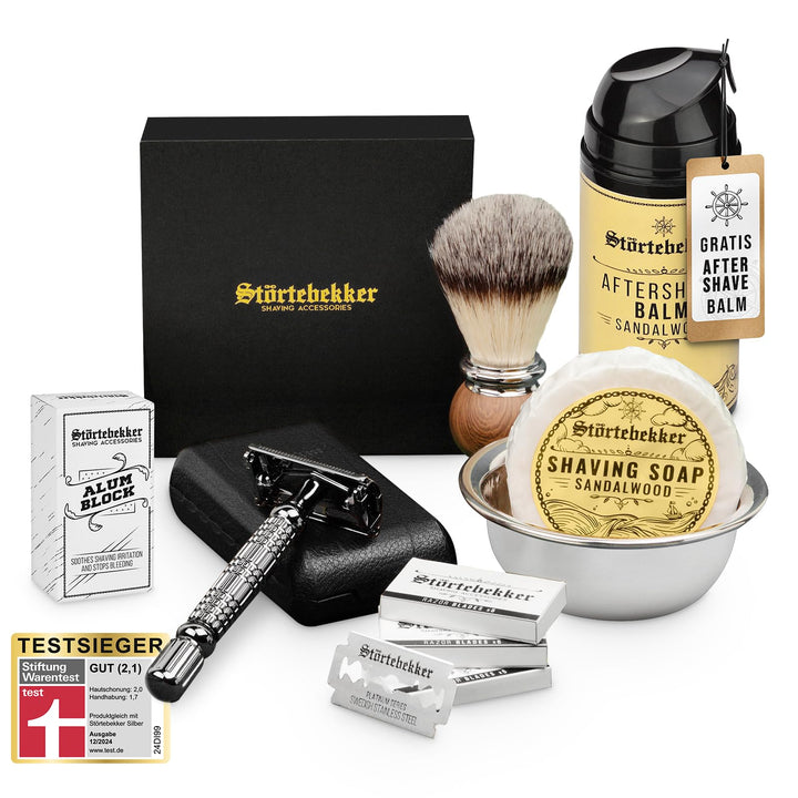 Störtebekker® Premium Shaving Essential Set - Rasierhobel inkl. Lederetui (Schwarz) & 10 Klingen, Ra
