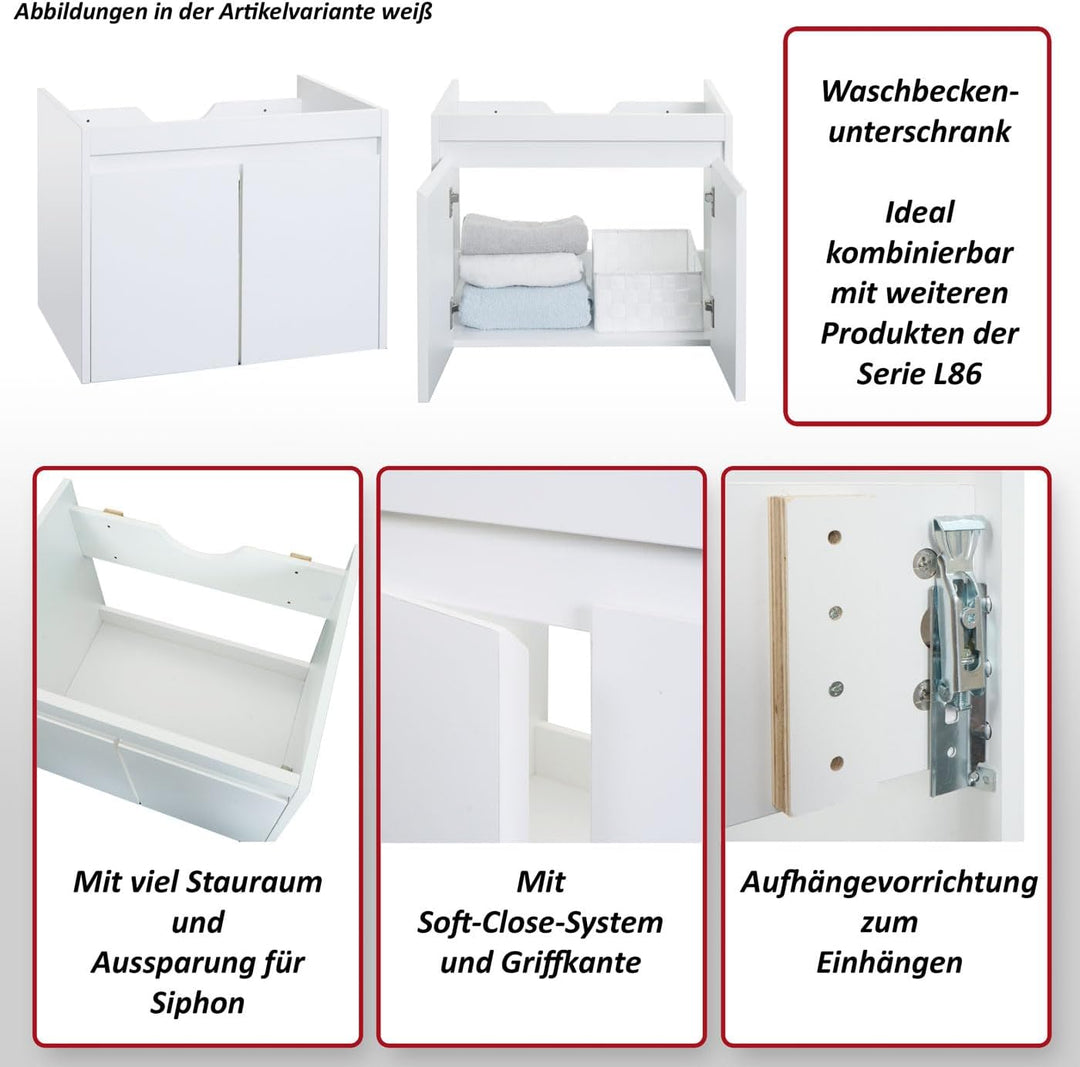 Mendler Waschbeckenunterschrank HWC-L86, Waschtischunterschrank Badezimmer Unterschrank, MVG 2 Türen