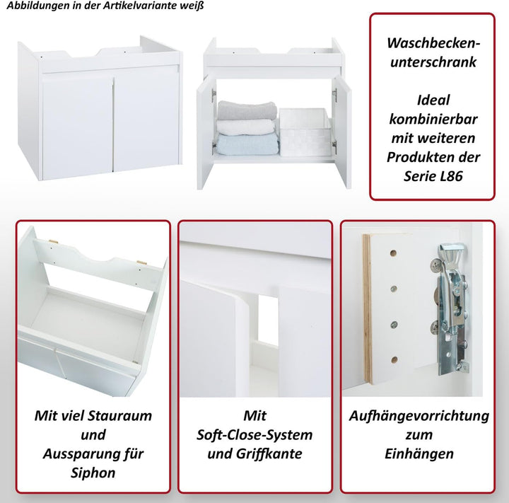 Mendler Waschbeckenunterschrank HWC-L86, Waschtischunterschrank Badezimmer Unterschrank, MVG 2 Türen