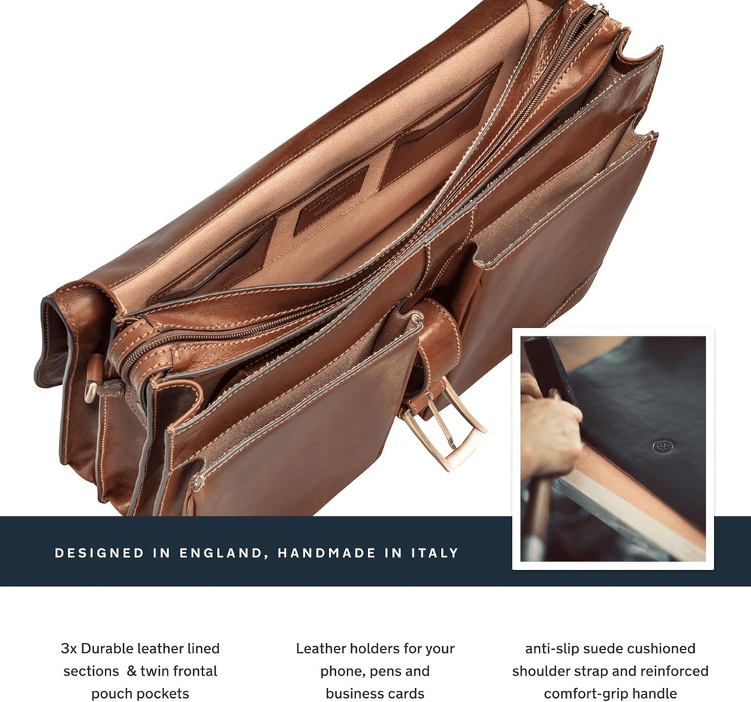 Maxwell Scott Hochwertige Herren Leder Aktentasche Tomacelli3 in Cognac Braun, Cognac Braun