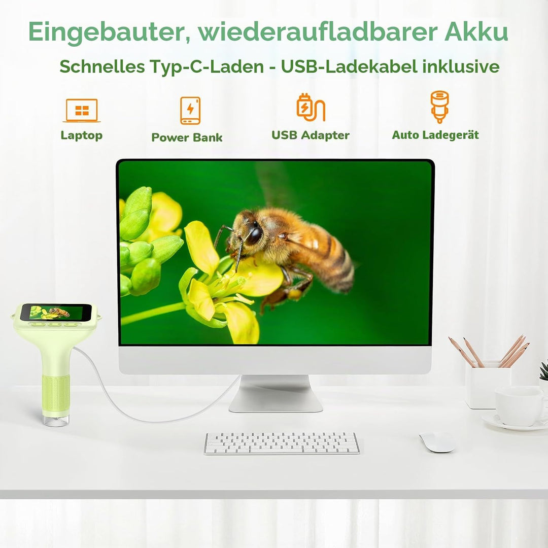 Digitales Mikroskop für Kinder, Mini-Handheld-Miniskop: 1000 x 3 Bildschirme, wiederaufladbar, Mini-