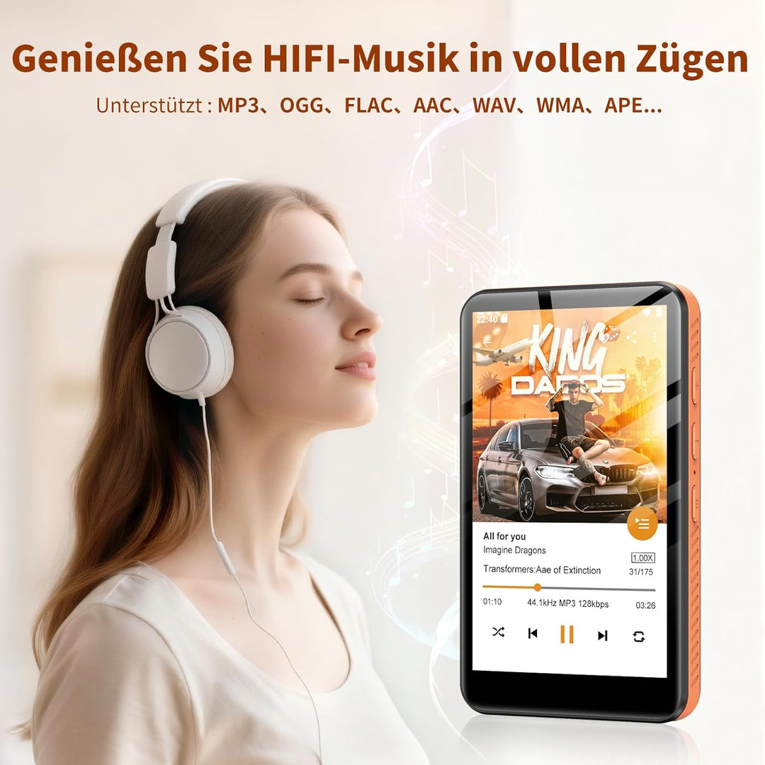 MP3 Player mit Bluetooth und WiFi, Android 13 MP3 MP4 Player mit 4“ Touchscreen und Lautsprecher, 4G