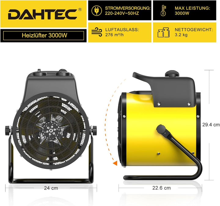 Elektro Heizlüfter 3000 Watt Heizstrahler mit Überhitzungsschutz | Tragbar, IP24, mit Thermostat, In