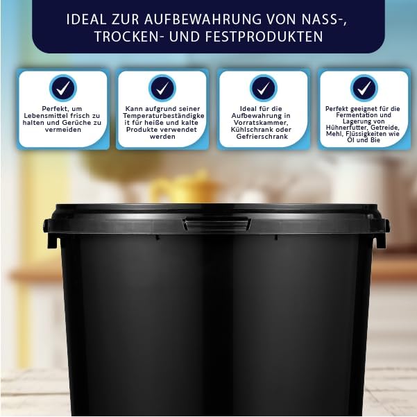 BenBow Eimer mit Deckel 10l schwarz 3X 10 Liter - lebensmittelecht, stabil, luftdicht, auslaufsicher