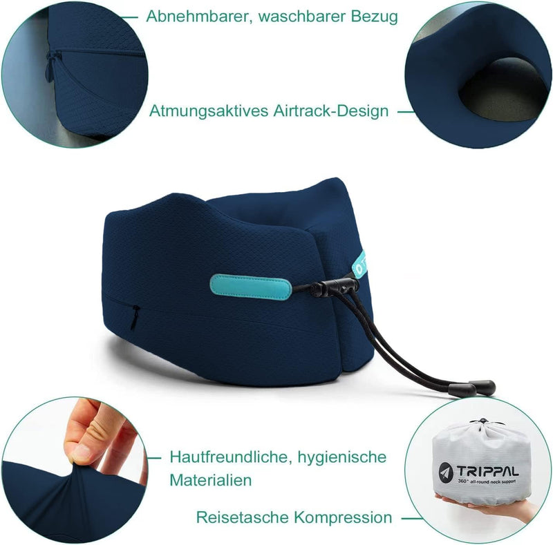 Joscoal Memory Foam Nackenkissen Reise Reisekissen Luxuriös Flugzeug Kinnstütz Travel Pillow Navy Bl