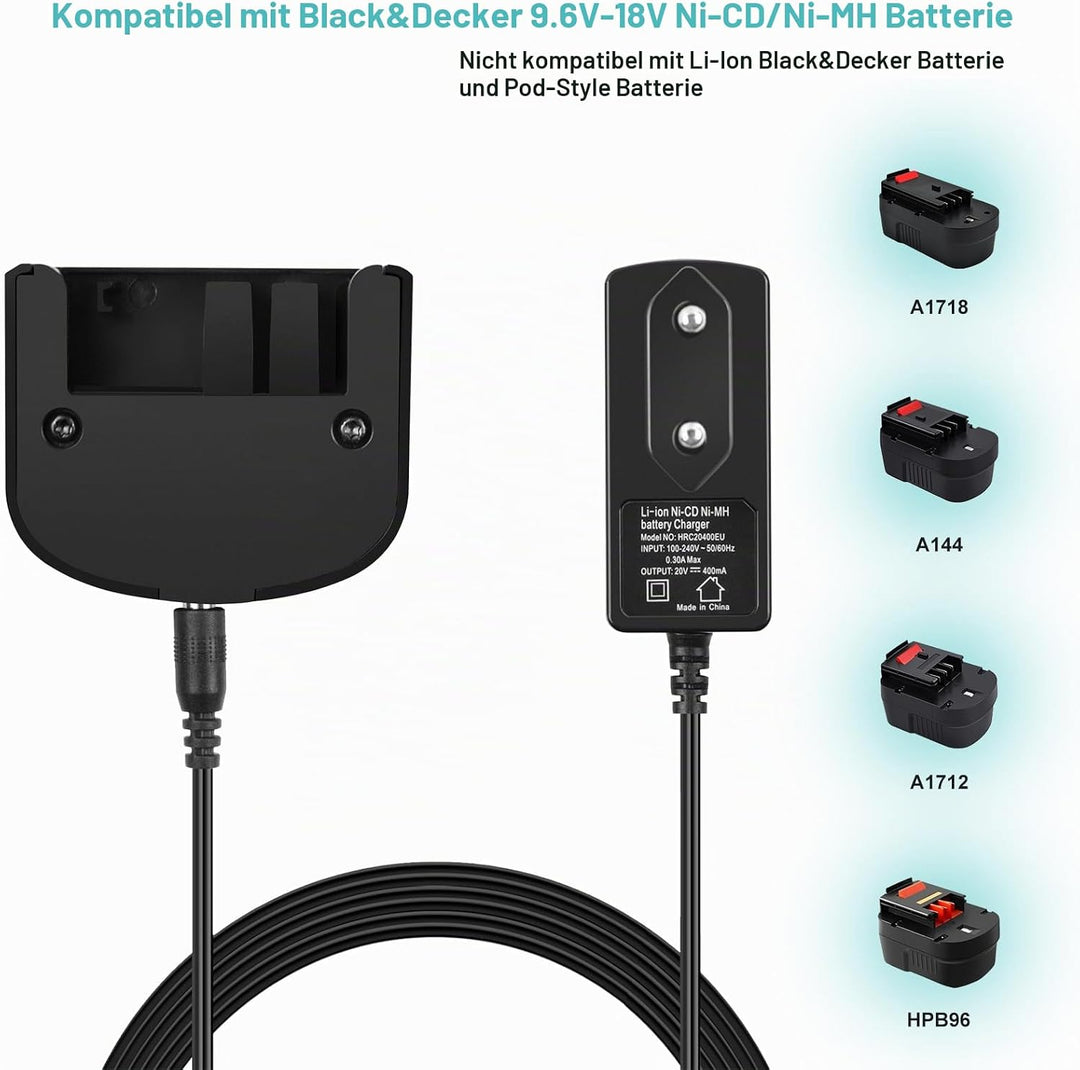 9.6V-18V Ladegerät NI-MH/NI-CD Kompatibel für Black & Decker 9.6V 12V 14.4V 18V Akku, für HPB12 HPB1