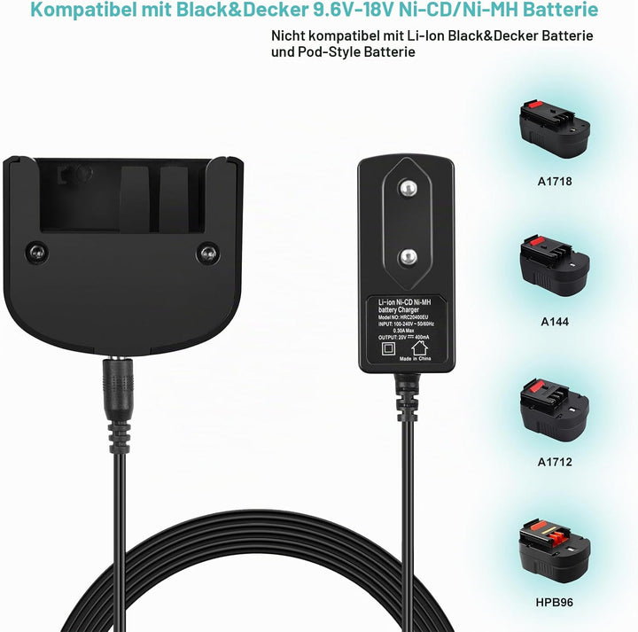 9.6V-18V Ladegerät NI-MH/NI-CD Kompatibel für Black & Decker 9.6V 12V 14.4V 18V Akku, für HPB12 HPB1